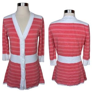 Mosca Striped Pink White 3/4 Sleeve Ribbed Knit VNeck Button Cardigan Sweater M